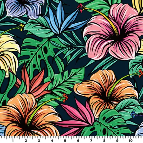 Illustrated Hibiscus & Monstera Nylon Spandex 4-Way Stretch {6}