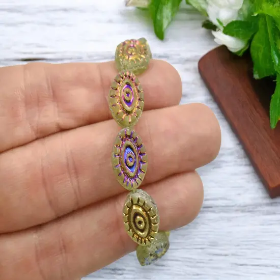 *10* 14x11mm Metallic Volcano Washed Matte Peridot Mystic Eye Beads {4}