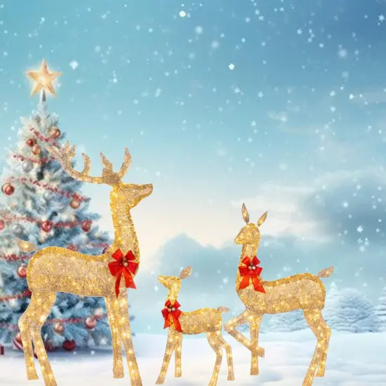 Oversized Twisted Rattan Deer Set in Champagne for Outdoor Christmas Decor 63" + 52" + 37" {3}