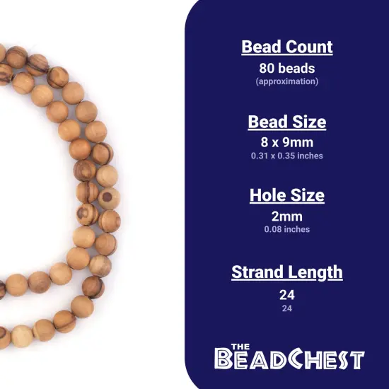The Bead Chest Olive Wood Beads - Full Strand of Round Christian Rosary Prayer Beads (8mm, Natural) {4}