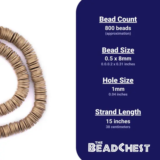 The Bead Chest Brass Flat Disk Heishi Beads (8mm), 15" Strand, Handmade for Jewelry Making & Crafts | Approximately 800 Beads {4}