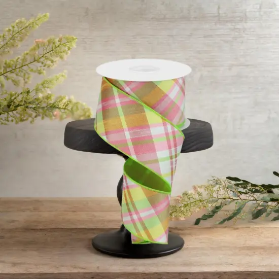 2.5" Diagonal Plaid Fused Ribbon: Spring Green (10 Yards) {2}