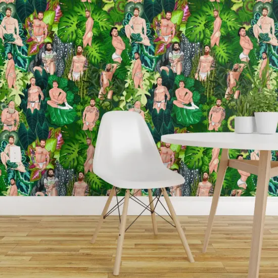 Pre-Pasted Wallpaper 2FT Wide Houseplant Jungle Lgbtq Daddy Gay Homo Hunk Plant Mature Nsfw Green Whimsical Custom Pre-pasted Wallpaper by Spoonflower {1}