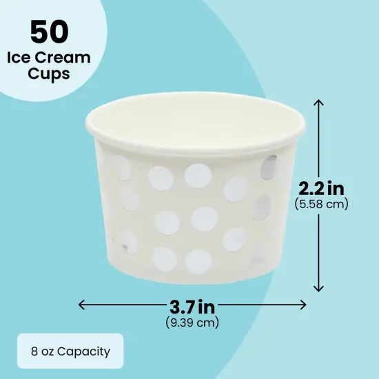 50 Pack Paper Ice Cream Cups for Frozen Yogurt, Disposable Dessert Bowls with Silver Foil Polka Dots (8 oz) White {5}