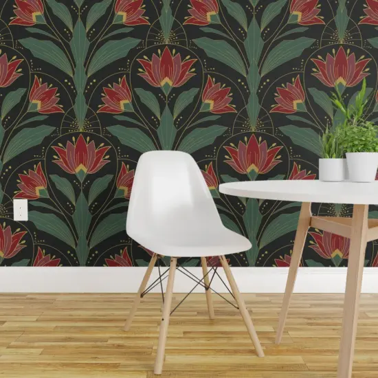 Pre-Pasted Wallpaper 2FT Wide Art Deco Floral Red Green Botanical Bold Retro Flowers Traditional Elegant Custom Pre-pasted Wallpaper by Spoonflower {1}