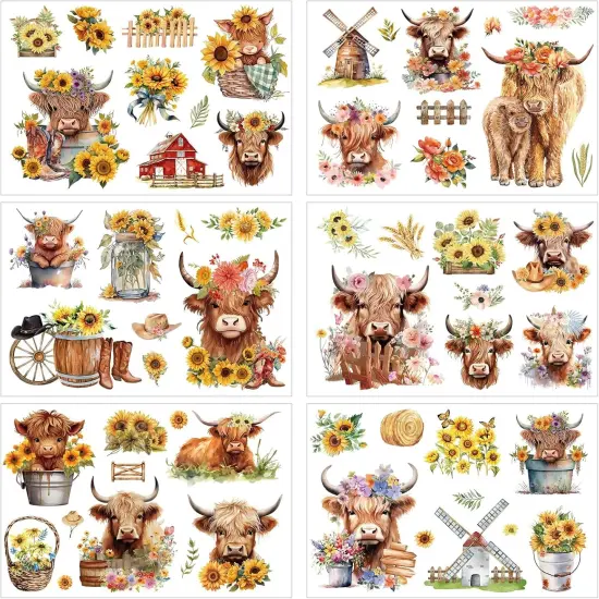 6 Sheets Sunflower Highland Cow Transfers for Crafts {1}