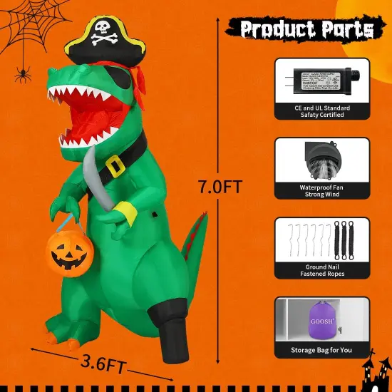 GOOSH 7 FT Halloween Inflatables Dinosaur Blow Up Yard Pirate Dinosaur with Pumpkin Decoration with Built-in LEDs {6}