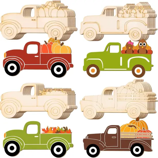 32 Pcs Thanksgiving Unfinished Wooden Cutout Fall Truck Pumpkin {1}