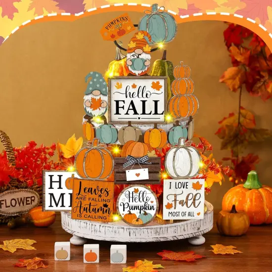 21 Pcs Fall Tiered Tray Decoration Set Thanksgiving Table Sign {3}