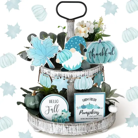 11 Pcs Fall Tiered Tray Decor Set Thanksgiving Pumpkin Decor (Blue,Abstract) {1}