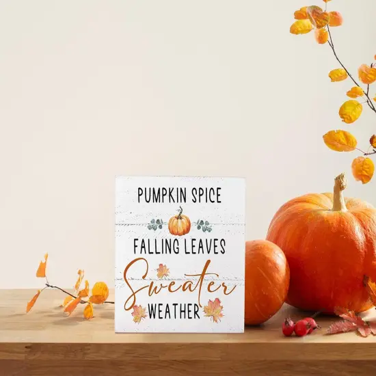 Fall Decor for Table Wood Box Sign Pumpkin Spice Falling Leaves {2}