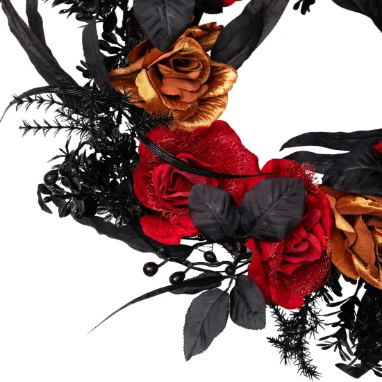 Northlight Roses with Mixed Foliage Halloween Wreath - 22" - Red and Gold - Unlit Black {6}