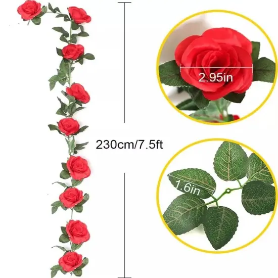 7FT Artificial Red Rose Garland Silk Rose Vines Hanging Fake Flower Garlands for Wedding Party Table Garden Arch Wall Home Room Decor {3}