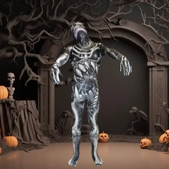 Men's Skull N Bones Morphsuit Halloween Skeleton Spandex Bodysuit with Mask and Hood Costume {1}