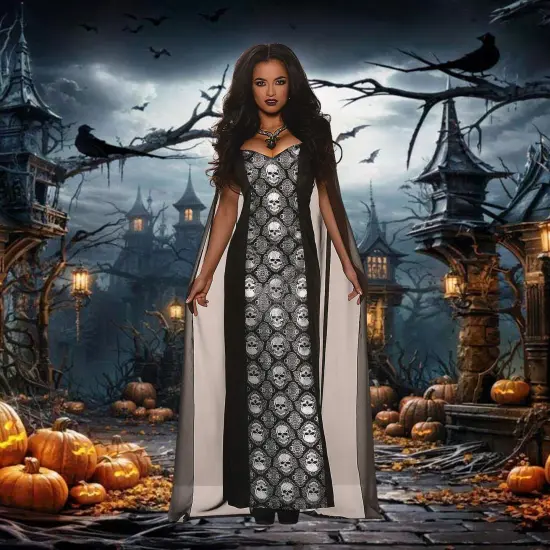 Womens Mortalia Costume Full Length Dress Skull Jacquard Trim Halloween {4}