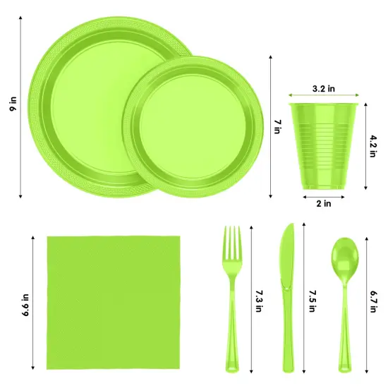 Exquisite 182 Pcs Plastic Plates for Party &ndash; Disposable Plates Set &ndash; 26 Each of 9" Dinner Plates, 7" Dessert Plates, Plastic Cups, Napkins & Plastic Cutlery &ndash; Plastic Dinnerware by Party Solids Lime {2}