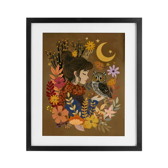 Autumn Owl & Girl Framed Print Under Glass Art Black {1}