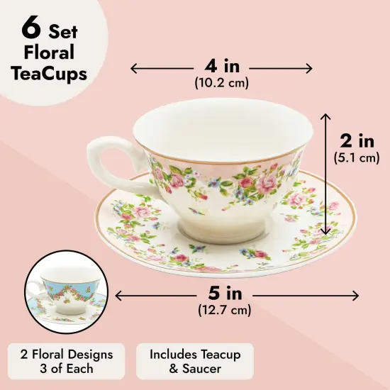 Set of 6 Vintage Floral Tea Cups and Saucers for Tea Party Supplies, Perfect for Bridal Showers, Garden Parties, Brunch Gatherings, Afternoon Teas & Receptions (Blue, Pink, 8oz) {5}