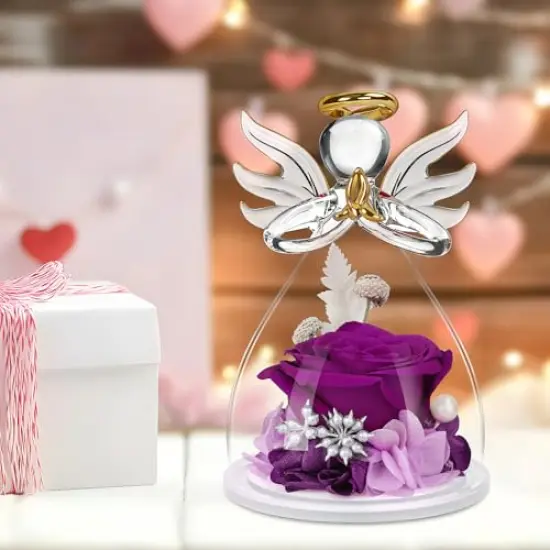 Mothers Day Mom Gifts for Her,Preserved Flowers Rose in Glass Angel Figurines,Birthday Gifts for Women,Mothers Present from Daughter,Purple Flowers Angels for Grandma Wife Sister Girlfriend Valentines {3}