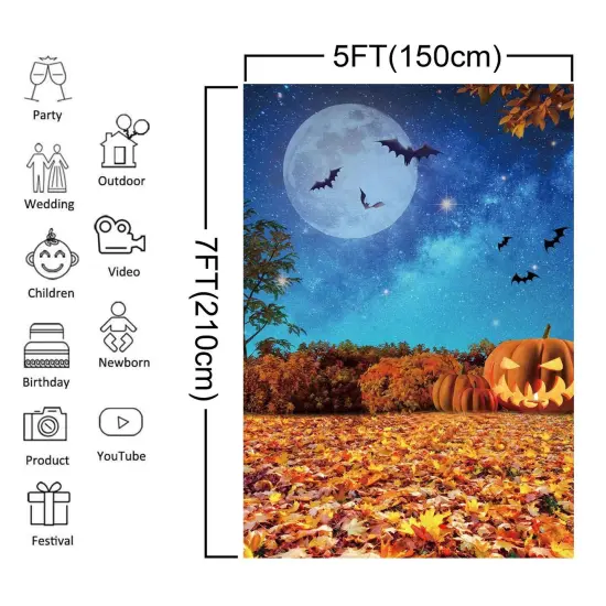 5x7ft Polyester Halloween Backdrop Moonlight Pumpkin Fallen Leaves Photography Background for Birthday Baby Shower Trick or Treat Party Decoration Banner Photo Studio Props {1}