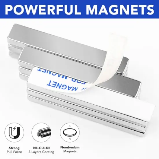 6 Pck Strong Rare Earth Neodymium Magnets, Heavy Duty Bar Magnets with Double-Sided Adhesive, Powerful Pull Force, perfect for Fridge, Garage, Kitchen, Science, Craft, Office, DIY 60x10x3mm {4}