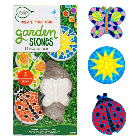 Creative Roots Mosaic Butterfly, Ladybug, & Sun Stepping Stone, Includes 3-Pack 4.5-Inch Ceramic Stepping Stone & 6 Vibrant Paints, Paint Your Own DIY Stepping Stone for Kids Ages 8+ {1}