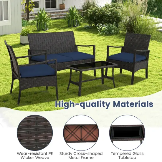 Costway 8PCS Patio Rattan Wicker Furniture Set Cushioned Sofa Armrest Coffee Table Navy {2}