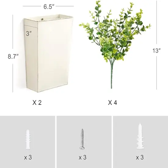 2 Pack Metal Wall Planter with Artificial Plants - Rustic White Hanging Vase for Farmhouse Decor {4}
