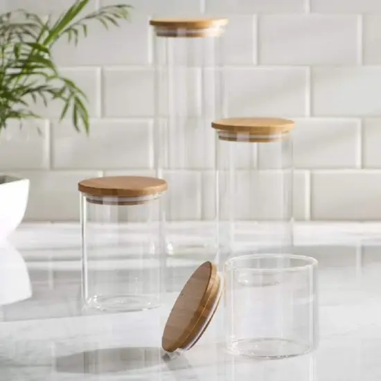 Set of 5 Glass Kitchen Canisters with Airtight Bamboo Lid - Glass Storage Jars for Pantry Organization and Bathroom for Flour, Coffee, Cookie Jar, Candy, Snack, Pasta, Rice, Sugar Packet Holder {4}