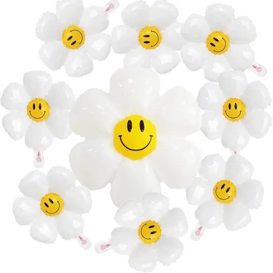 10PCS Daisy Balloons with Smile Face Groovy Party Decorations Boho White Flower Balloon {1}