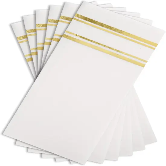 Shiny Gold on White Dinner Napkins, Feels Like Linen, Soft Fluff Pulp Paper (Disposable) - 50 Pack, 8.5" x 4" {1}