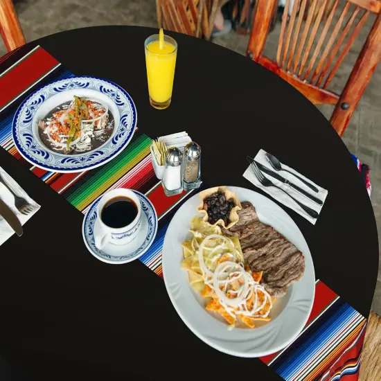 3 Pcs Mexican Fiesta Tablecloth 84 Inch Plastic Tablecover Waterproof Round Tablecloth Striped Serape Table Runner for Mexican Carnival Wedding Taco Party Decorations (Black) {4}