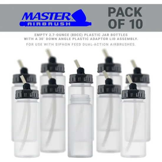 10 Pack Master Airbrush TB-008, 2.7oz Plastic Jar Bottles with 30° degrees Down Angle Adaptor Lid Assembly, Single-Action Siphon {2}