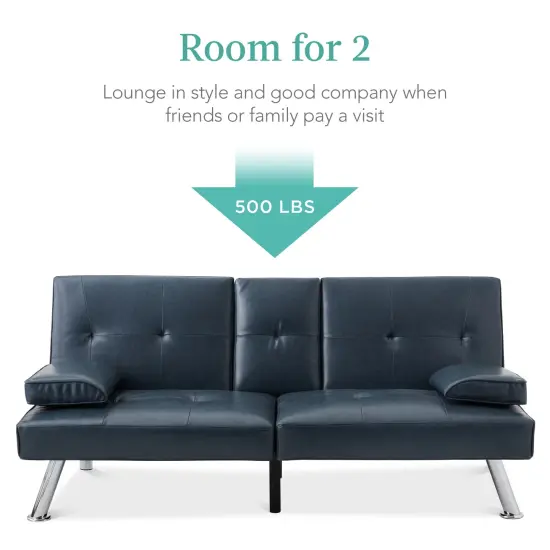 Best Choice Products Modern Faux Leather Convertible Futon Sofa w/ Removable Armrests, 2 Cupholders Blue {3}