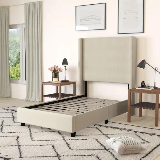 Merrick Lane Bramlett Modern Platform Bed - Gray Faux Linen - Queen - Padded Wingback Headboard - 8.5" Floor Clearance - Wood Support Slats - No Box Spring Needed {8}