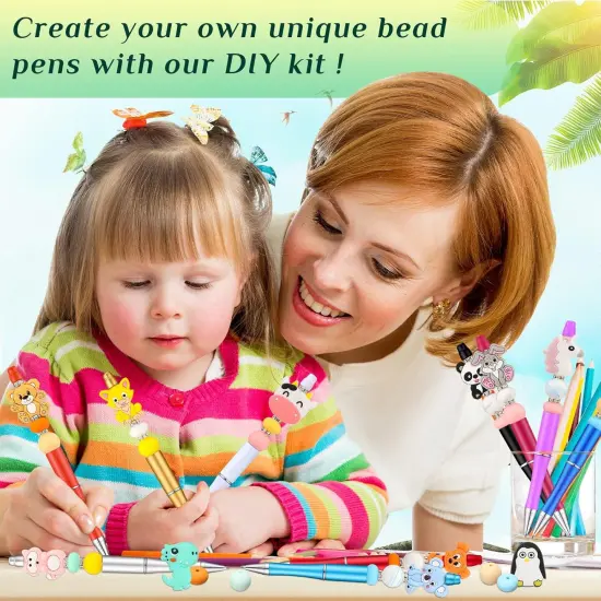 12 Pieces Beadable Pens Kit with Silicone Focal Beads, Animal Style, Black Ink, for DIY School Supplies Animal style {2}