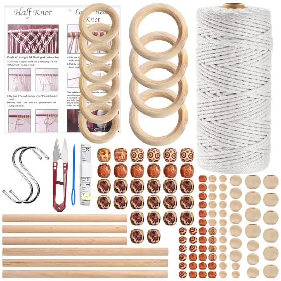121 Pieces Macrame Kit, Macrame Supplies 3mm x 109Yards Macrame Cord for Macrame Kits for Adults Beginners, with Accessories Like 100Pcs Beads and 10Pcs Wooden Rings for Macrame Plant Hanger Kit {2}