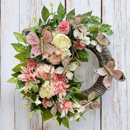 Blushing Butterfly Meadow Wreath 23" - Handmade Wedding, Spring & Easter Decor, Christmas gift - Holiday Tree {1}