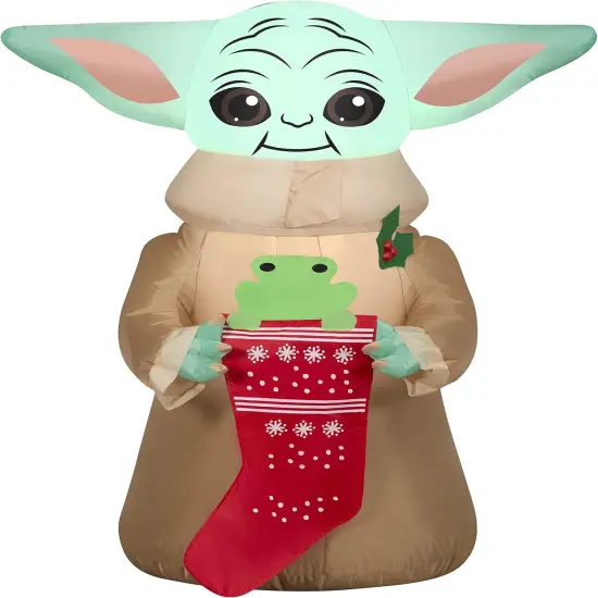 3.5' Gemmy Airblown Inflatable Christmas Star Wars Baby Yoda w/ Frog in Stocking Yard Decoration 116019 {1}