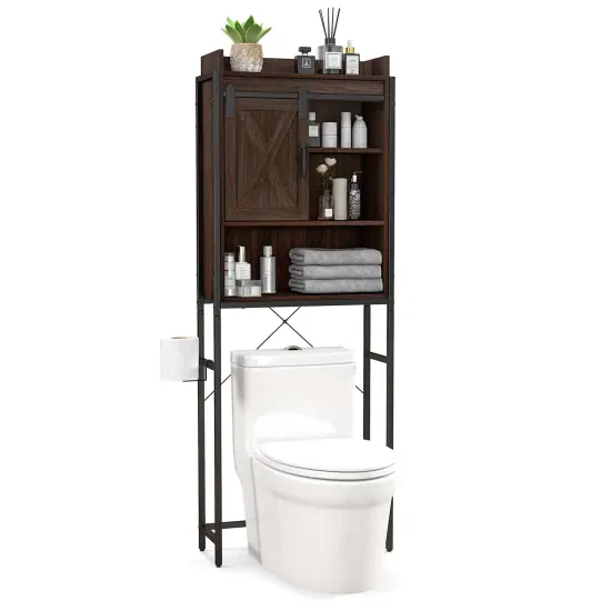 Costway Over-The-Toilet Storage Cabinet Bathroom Organizer w/ Sliding Barn Door Rustic Brown/Espresso/Grey {1}