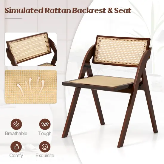 Costway Foldable Dining Chairs Set of 2/4 with Woven Rattan Backrest & Seat Rubber Wood Frame Brown {4}