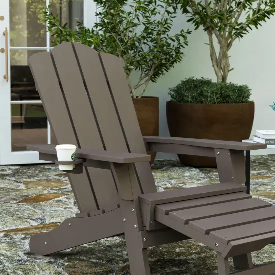 Merrick Lane Nassau Set of 2 Adirondack Rocking Chairs with Cup Holder, All-Weather HDPE Indoor/Outdoor Chairs Brown {6}