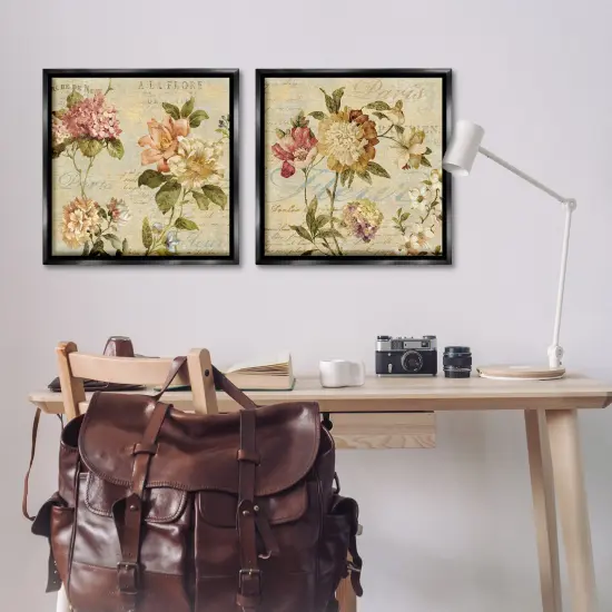 Stupell Industries Vintage French Floral with Script Framed Floater Canvas Wall Art Black Floater Frame {2}