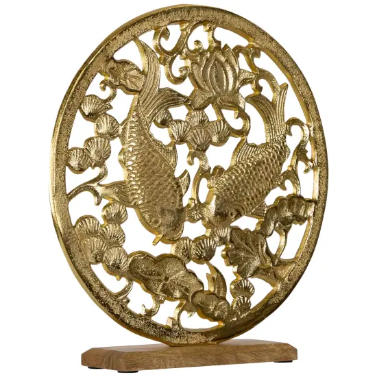 Northlight Koi Fish with Lotus Flower Sculpture with Wooden Base - 13.5" Gold {4}