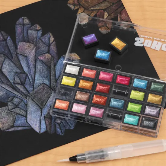 SoHo Urban Artist Mini Pan Metallic Watercolor Set of 24 &ndash; Luminous Shimmering Mini Pans, Professional Watercolor Paint Set in Clear Plastic Case, Semi-Moist Watercolor Pans for Easy Color Lift {5}