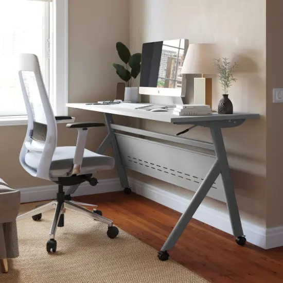 Emma and Oliver Griffin Heavy-Duty Flip Top Training Table with Nesting Design, Privacy Panel, Y-Legs, Tabletop, Metal Frame WhiteTop/BlackFrame {7}