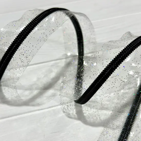 Clear holographic sparkle vinyl zipper tape with black teeth {1}