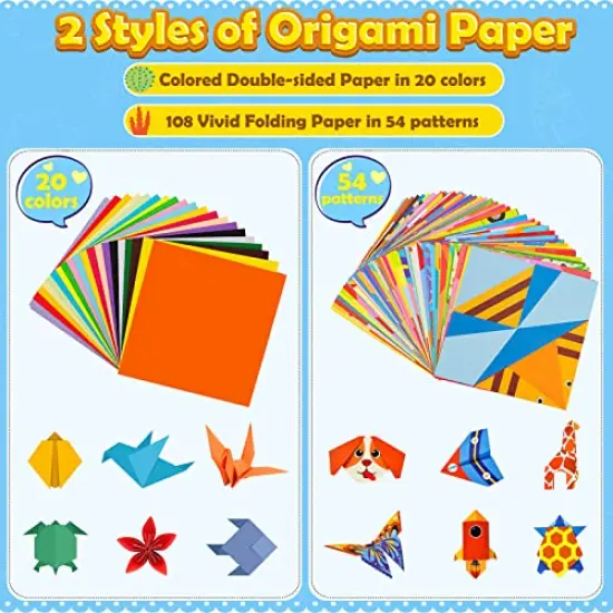 308 Pieces Origami Paper Set, 308PCS Kids Craft Paper Kit with Instructional Book for Girls Age 6,7,8,9,10,11,12, Art Projects Supplies for School Class Craft Lessons- Christmas Gifts for Boys&Girls {2}