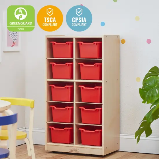 10 Cubby Mobile Tray Cabinet with 10 Scoop Front Storage Bins Red {4}
