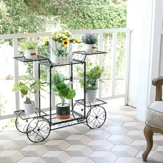 Garden Cart Metal Plant Stand Flower Display Rack Shelf with 4 Decorative Wheels {2}